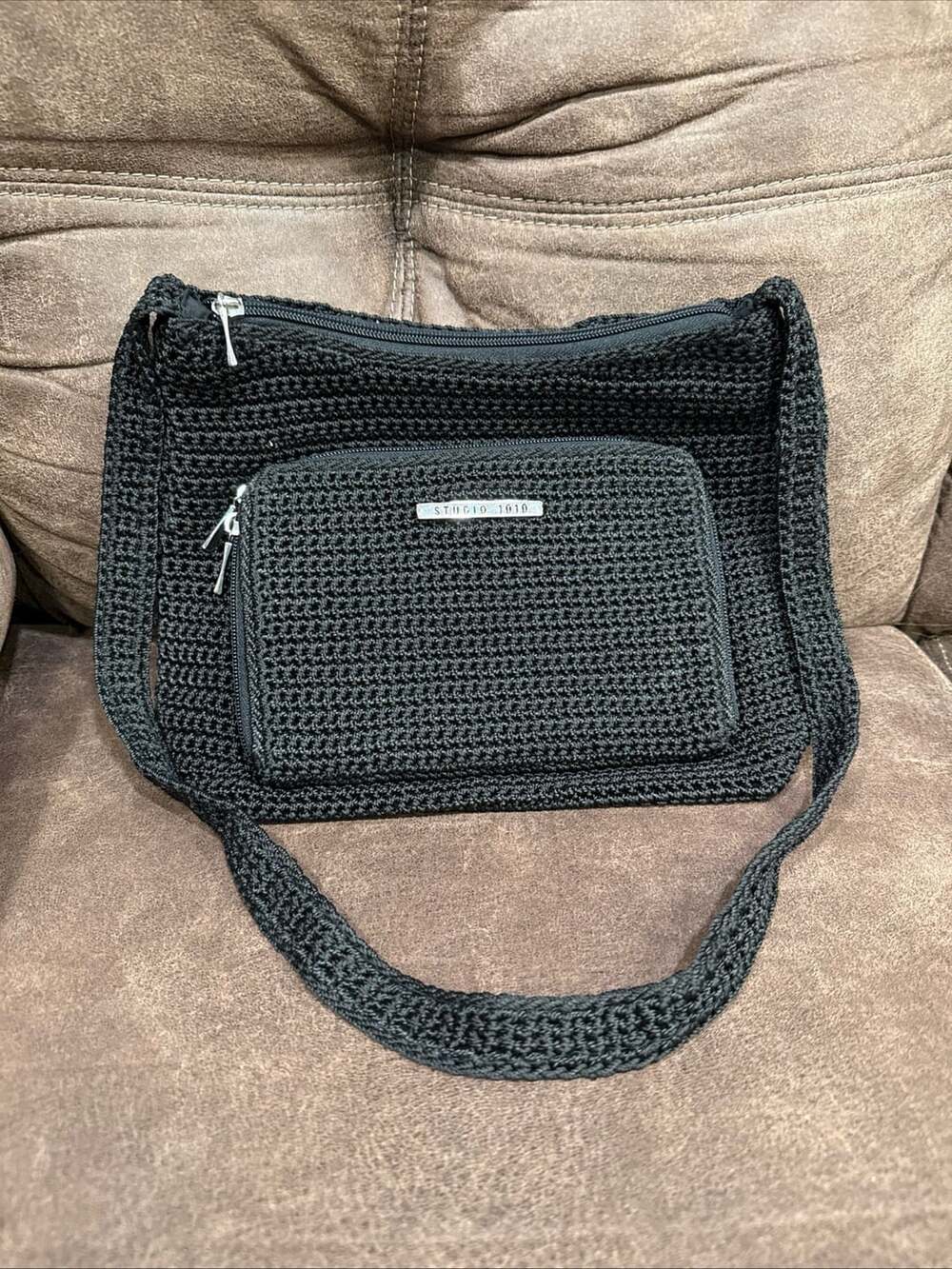 Studio 1010 Black Crochet Shoulder Bag Handbag with Front Zipper Pocket